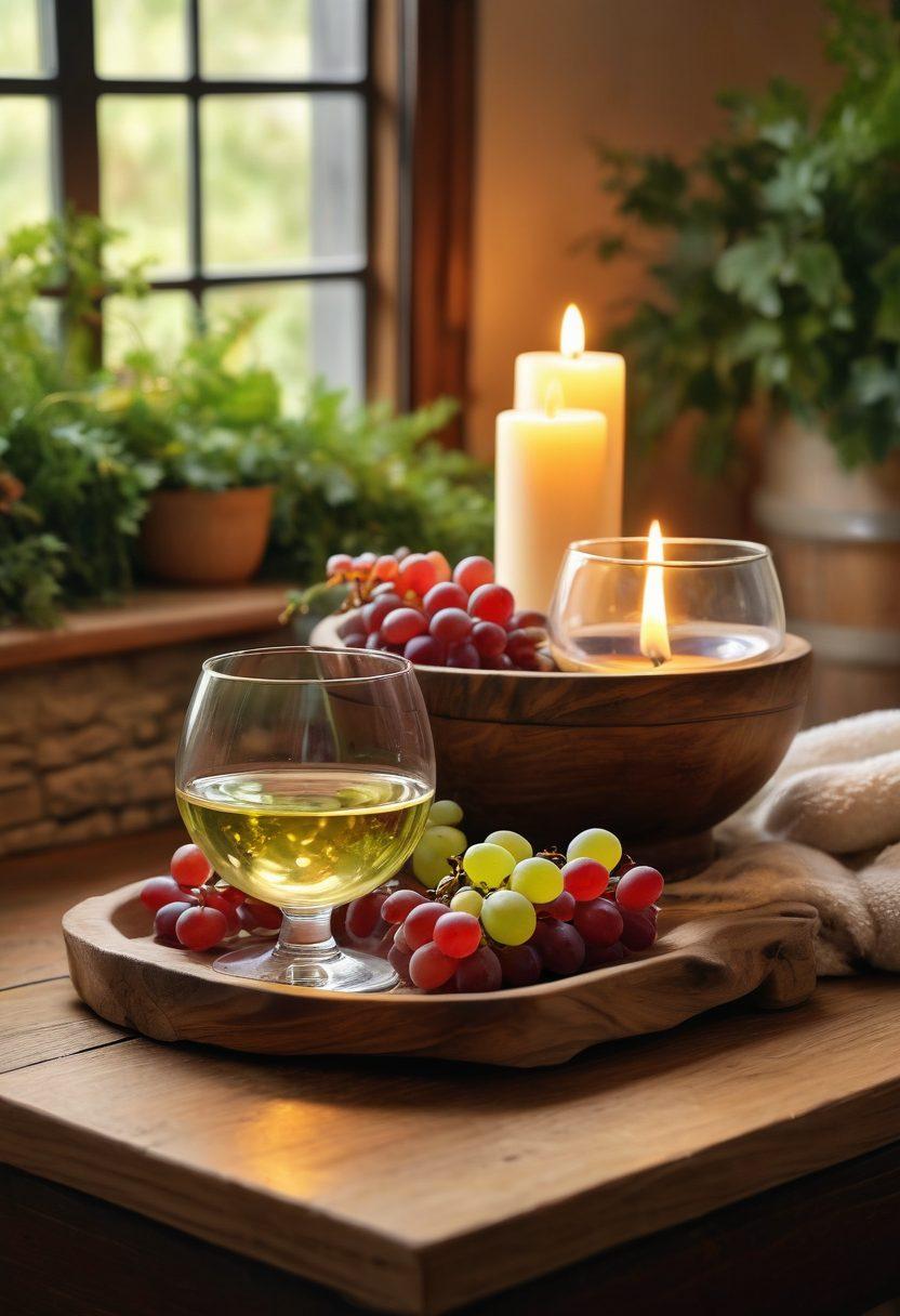 A cozy scene featuring a rustic wooden table with two glasses of red and white wine beside a bowl of grapes. In the background, a calming spa environment with soft candles and lush greenery, creating an atmosphere of relaxation. A subtle visual indication of arthritis relief, such as a gentle hand holding a glass, overlaid with a soft glow. Artistic touch of warm and inviting colors. super-realistic. vibrant colors.