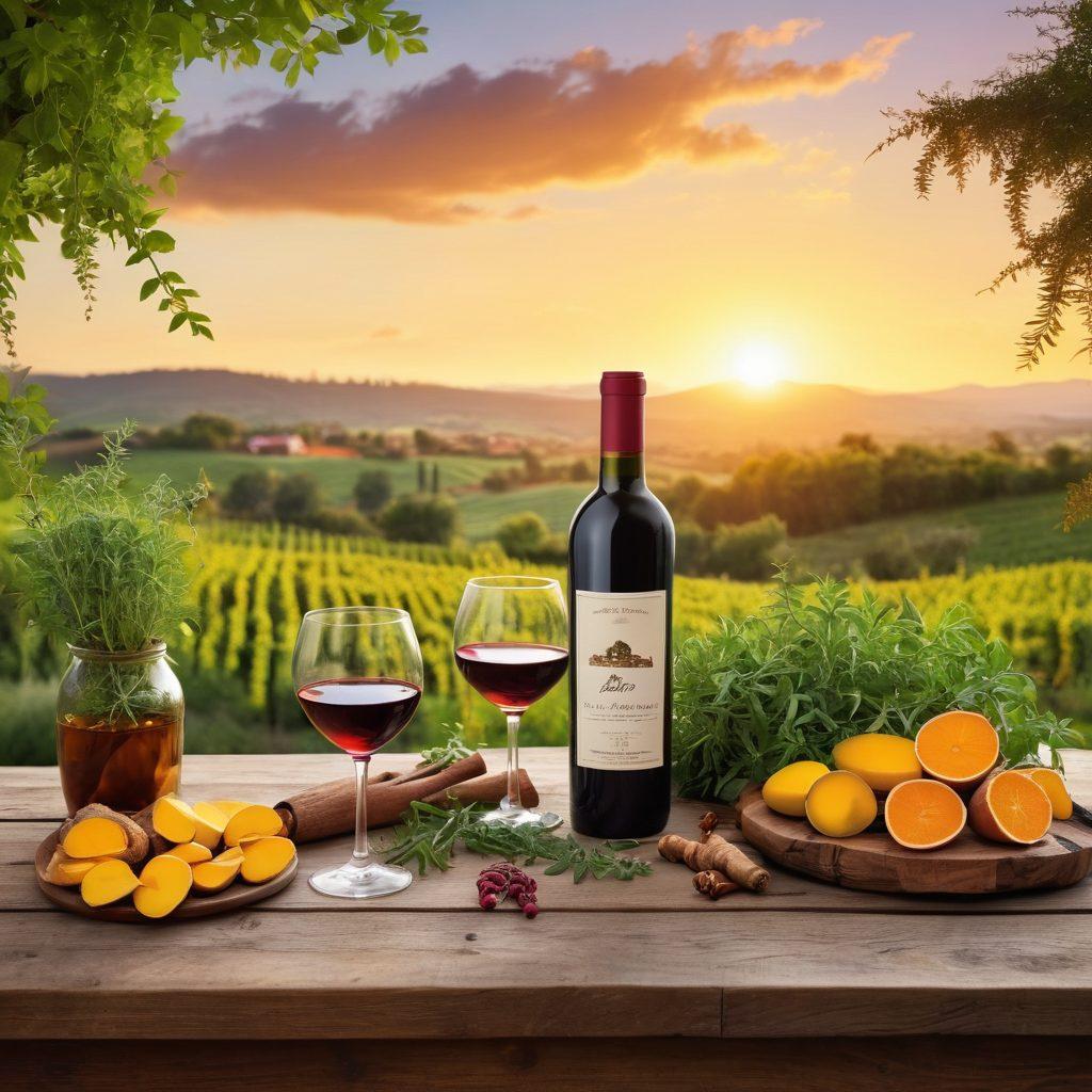 A cozy scene of a rustic wooden table adorned with a bottle of red wine and two glasses, surrounded by fresh herbs and natural remedies like turmeric and ginger. In the background, a tranquil vineyard landscape with rolling hills under a sunset sky, symbolizing relaxation and wellness. Soft lighting enhances the warmth of the atmosphere. super-realistic. vibrant colors. warm tones.