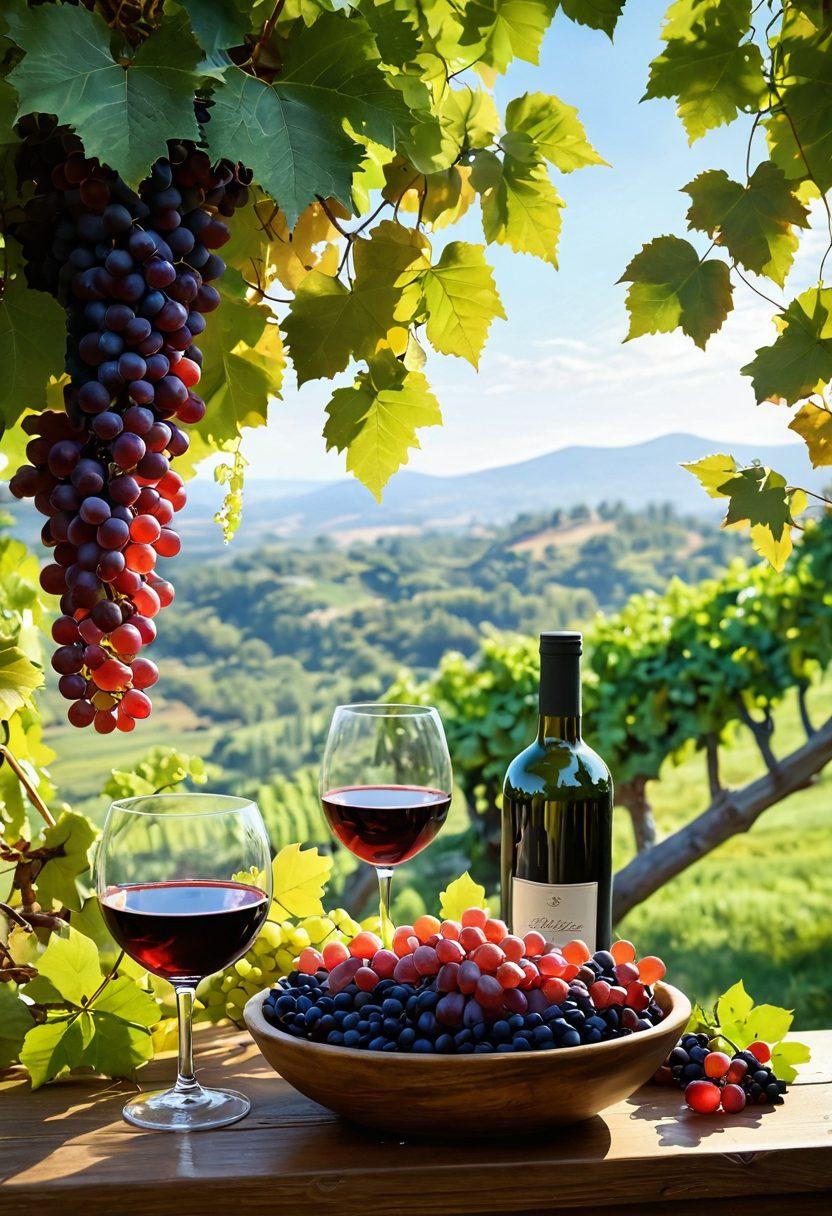 A serene vineyard scene with lush grapevines adorned with ripe grapes, symbolizing nature's bounty. In the foreground, a bottle of grape extract and a bowl of vibrant antioxidant-rich berries, showcasing their health benefits. Soft sunlight filtering through the leaves, creating a peaceful atmosphere that represents wellness and relief. Artistic touch with gentle brush strokes giving it a warm, inviting feel. painting. vibrant colors.